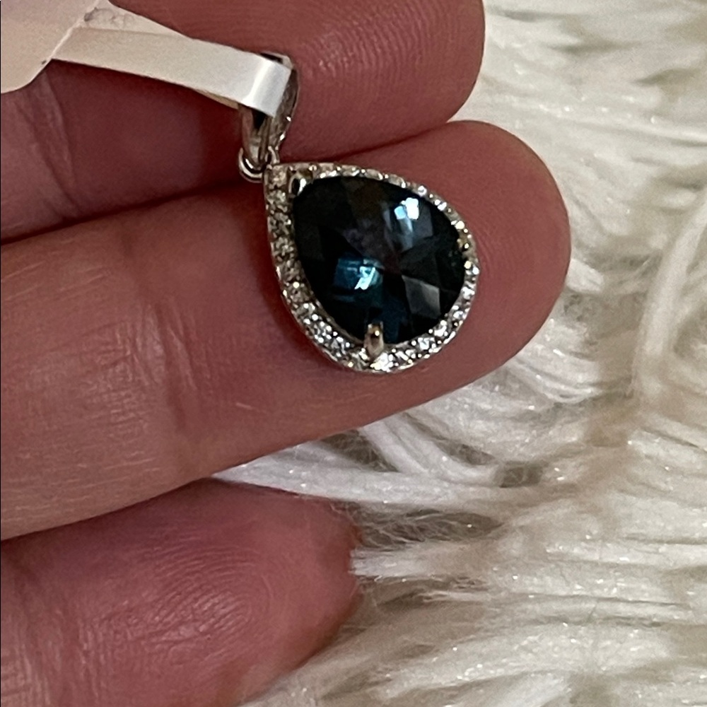 NWT Natural London Blue Topaz Teardrop 10X8mm  Pendant with CZ Accents - Picture 8 of 9